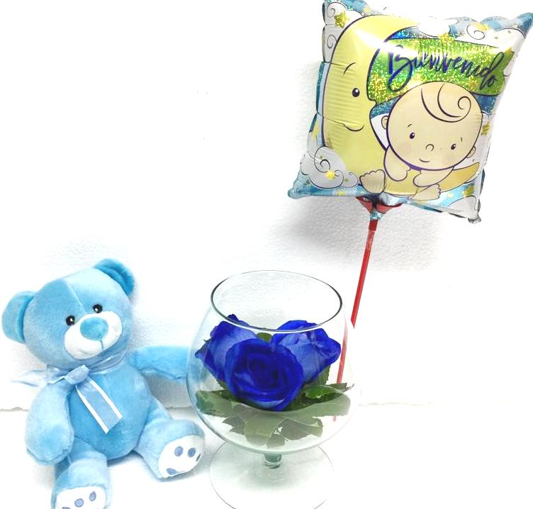 Copa con 3 Rosas Azules, Peluche 19cm y Globito